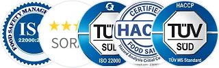 Five logos in a row display certifications: ISO 22000:2018, SORA, TÜV SÜD ISO 22000, HACCP, and TÜV SÜD. Each logo features blue color and round design elements.