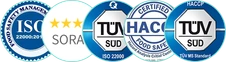 Five logos in a row display certifications: ISO 22000:2018, SORA, TÜV SÜD ISO 22000, HACCP, and TÜV SÜD. Each logo features blue color and round design elements.