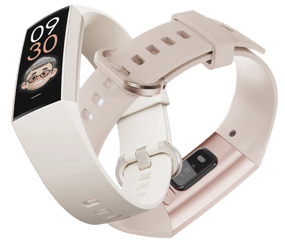 A smart fitness band displays 09:30 with an animated face. It has a curved screen, beige strap, and metal clasp, and shows a sensor on the underside.