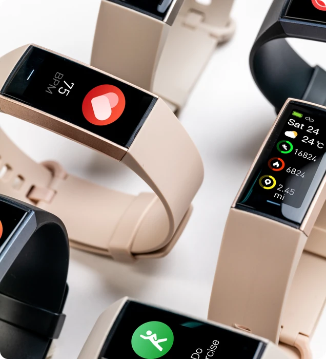 Smartwatches display health stats, such as heart rate 75 BPM weather Sat 24, 24°C, steps 16824, calories 6824, and distance 2.45 mi, on a white background.