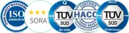 Five logos in a row display certifications: ISO 22000:2018, SORA, TÜV SÜD ISO 22000, HACCP, and TÜV SÜD. Each logo features blue color and round design elements.