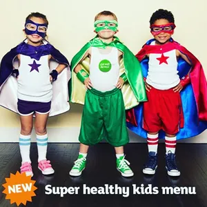 Three young children dressed as superheroes with text saying new super healthy kids menu