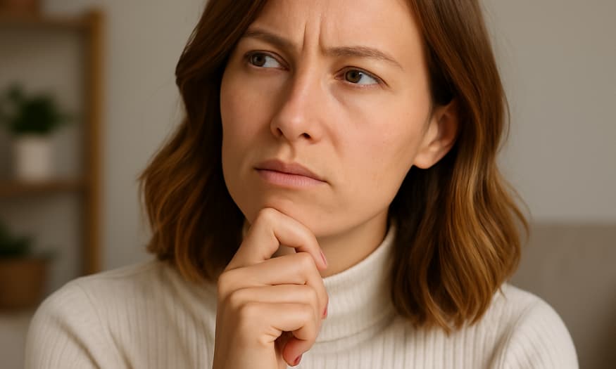 Thoughtful woman looking to the side with hand on chin, appearing deep in contemplation.