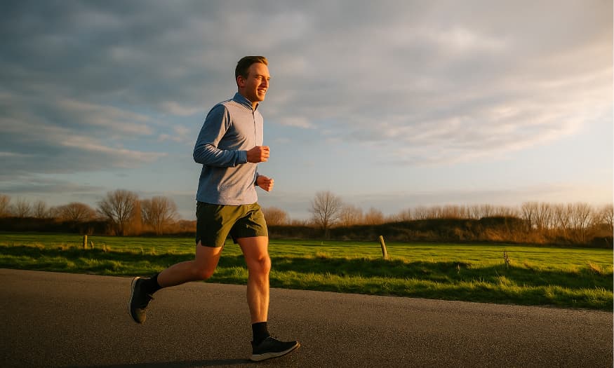 Man jogging on a rural road at sunset with a smile.