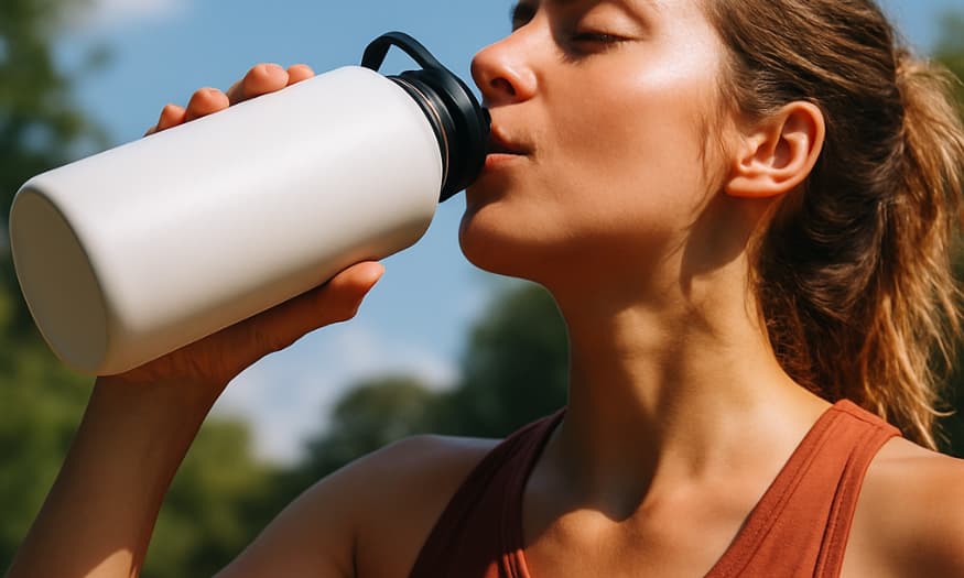 A young woman in athletic wear drinks water from a reusable white bottle outdoors on a sunny day, staying hydrated during a summer workout.