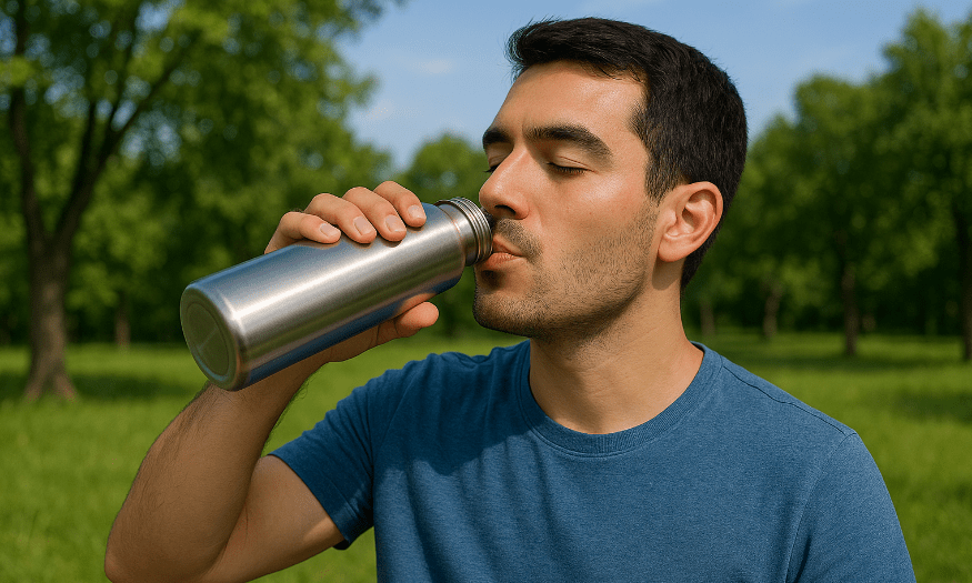 Man drinking water from a stainless steel bottle in a sunny park.