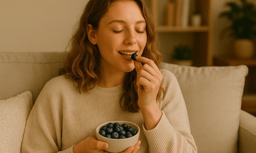 A cheerful woman in a beige sweater sits on a neutral-toned sofa, holding a bowl of blueberries and smiling as she brings one to her mouth in a cozy, softly lit living room.