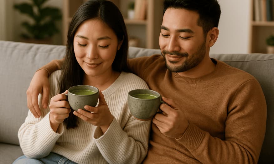 A couple sitting on a cozy sofa, smiling and enjoying warm cups of matcha tea together in a relaxed, homey setting.