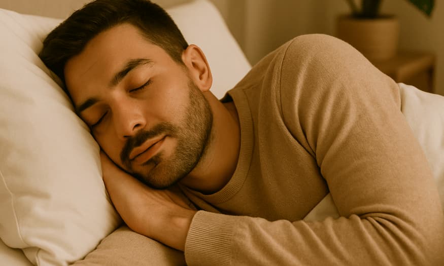 A young man with a trimmed beard sleeps peacefully on his side, resting his head on a white pillow while wearing a beige sweater in a softly lit bedroom.