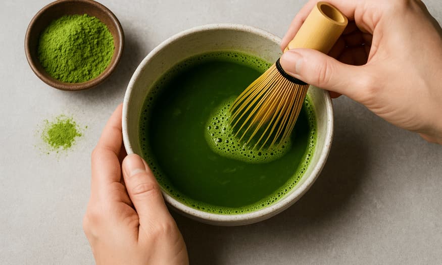 Hands whisking vibrant green matcha in a ceramic bowl using a bamboo whisk, with a small dish of matcha powder nearby on a light countertop.