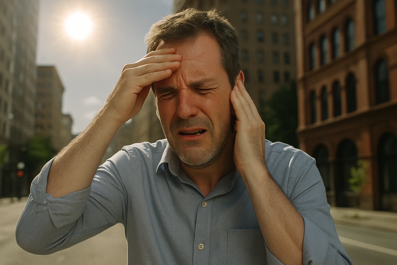 A man standing on a city street in the hot sun, holding his head with both hands, looking dizzy and distressed.